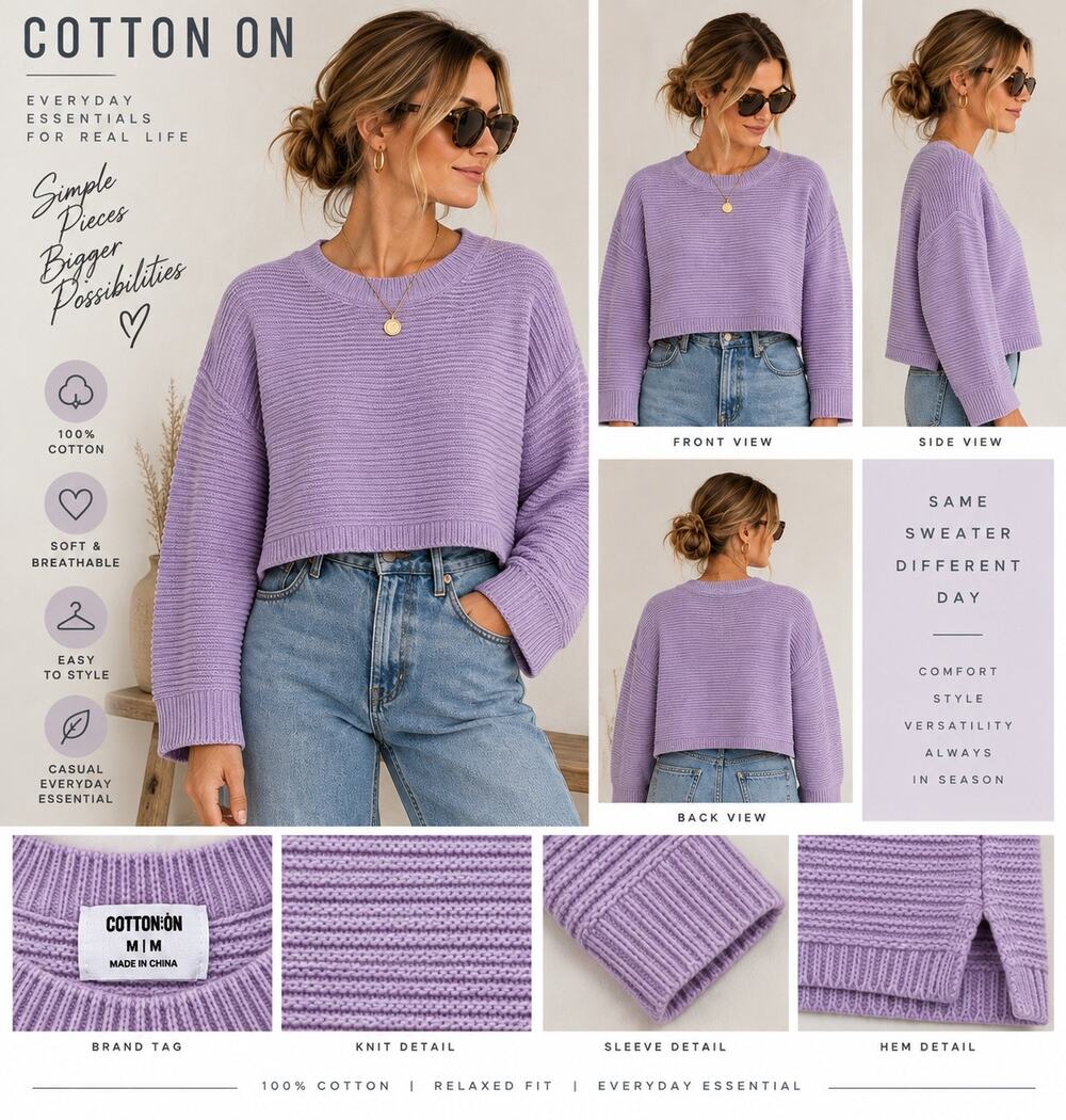 Cotton On Womens Sz M Lilac 100% Cotton Cropped Sweater Oversized Rib Knit Y2K